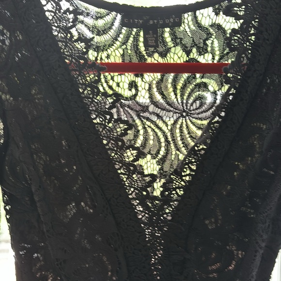 City Studio Juniors open lace 3/4 sleeve mini black cocktail dress w/ full skirt - Picture 7 of 11